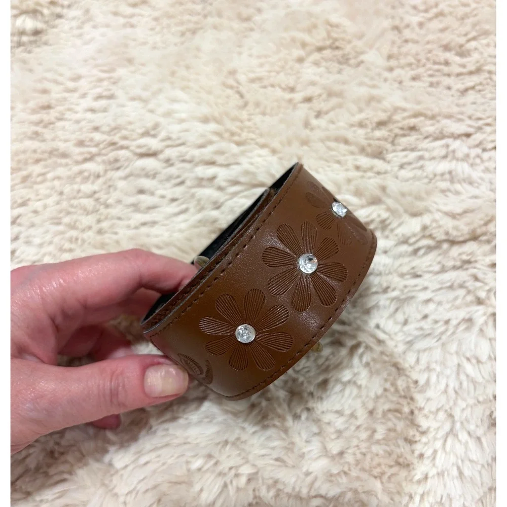 Women Brown Floral Embossed Rhinestone Belt Western Boho Antique Brass Buckle